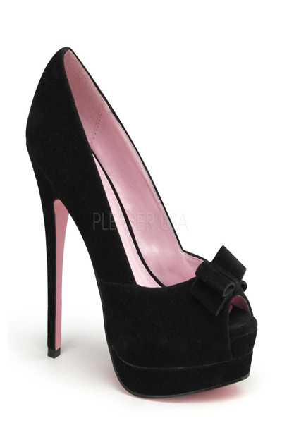 Black Faux Suede Peep Toe Pump W/ Bow Accent