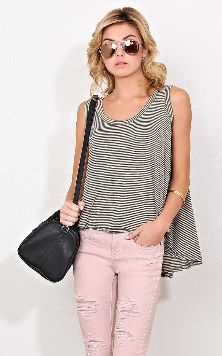 Lucky Stripes Slub Knit Tank - - Olive Combo in Size by Styles For Less