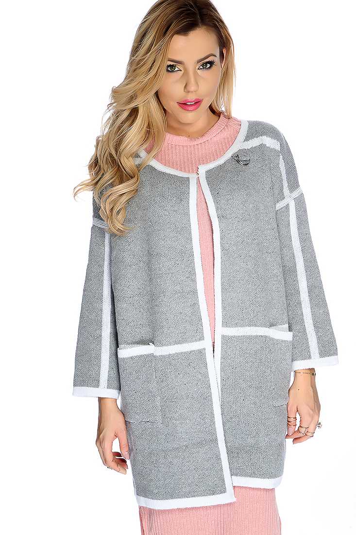 Grey Two Tone Long Sleeve Neck Buckle Closure Cardigan