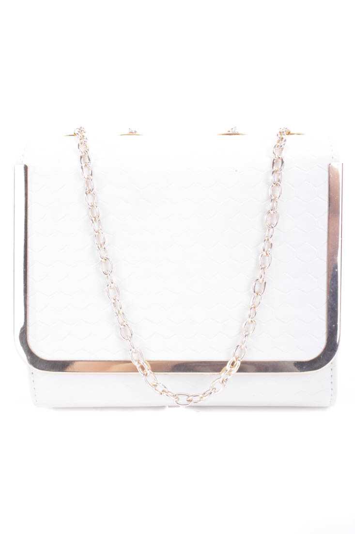 White Faux Leather Textured Pattern Frame Handbag