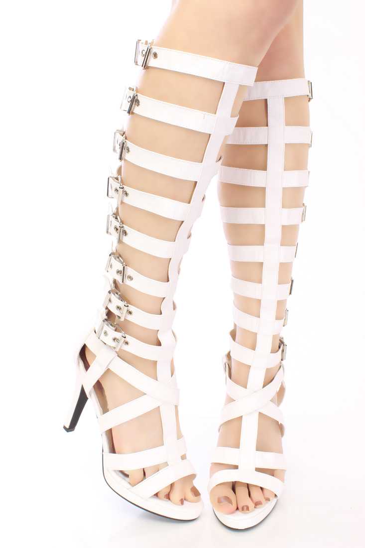 White Buckled Gladiator High Heels Faux Leather
