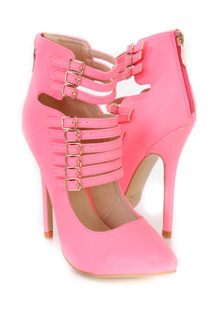 Neon Pink Strappy Single Sole Heel Booties Faux Leather