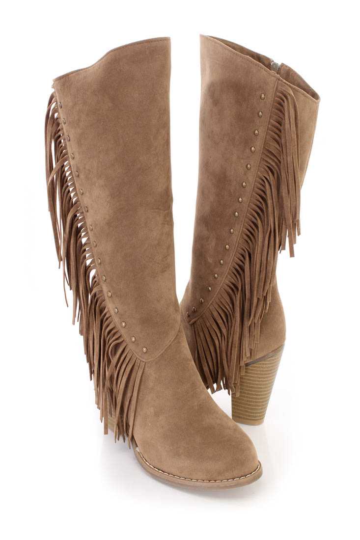 Taupe Studded Fringe High Heel Boots Faux Suede