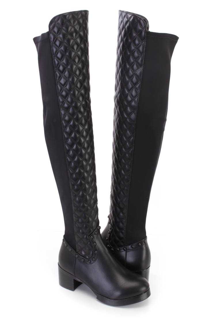 Black Studded Quilted Thigh High Riding Boots Faux Leather