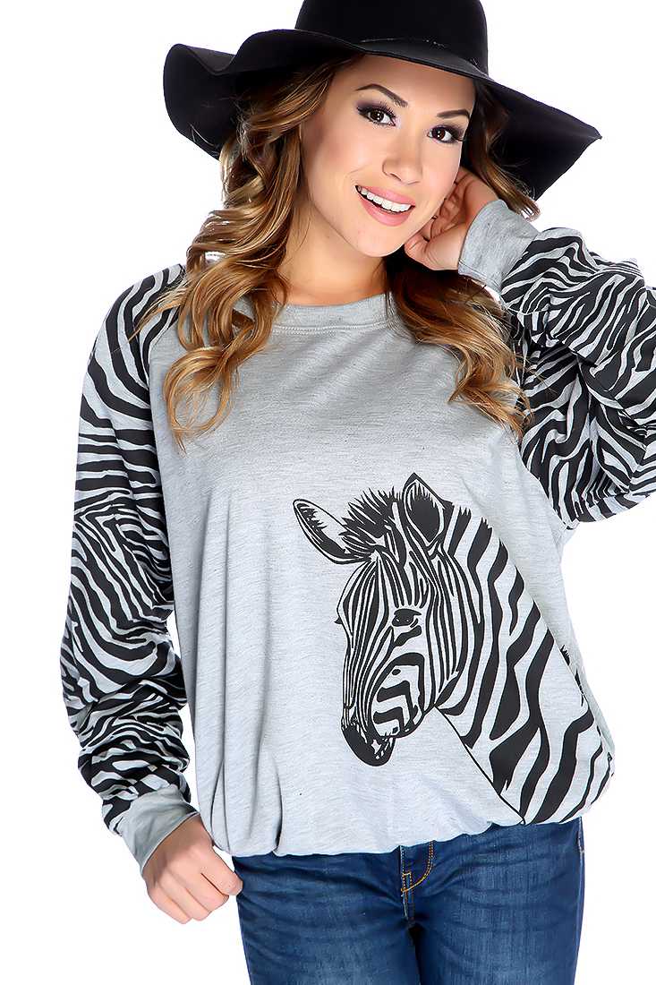 Grey Long Sleeves Prints Sweater