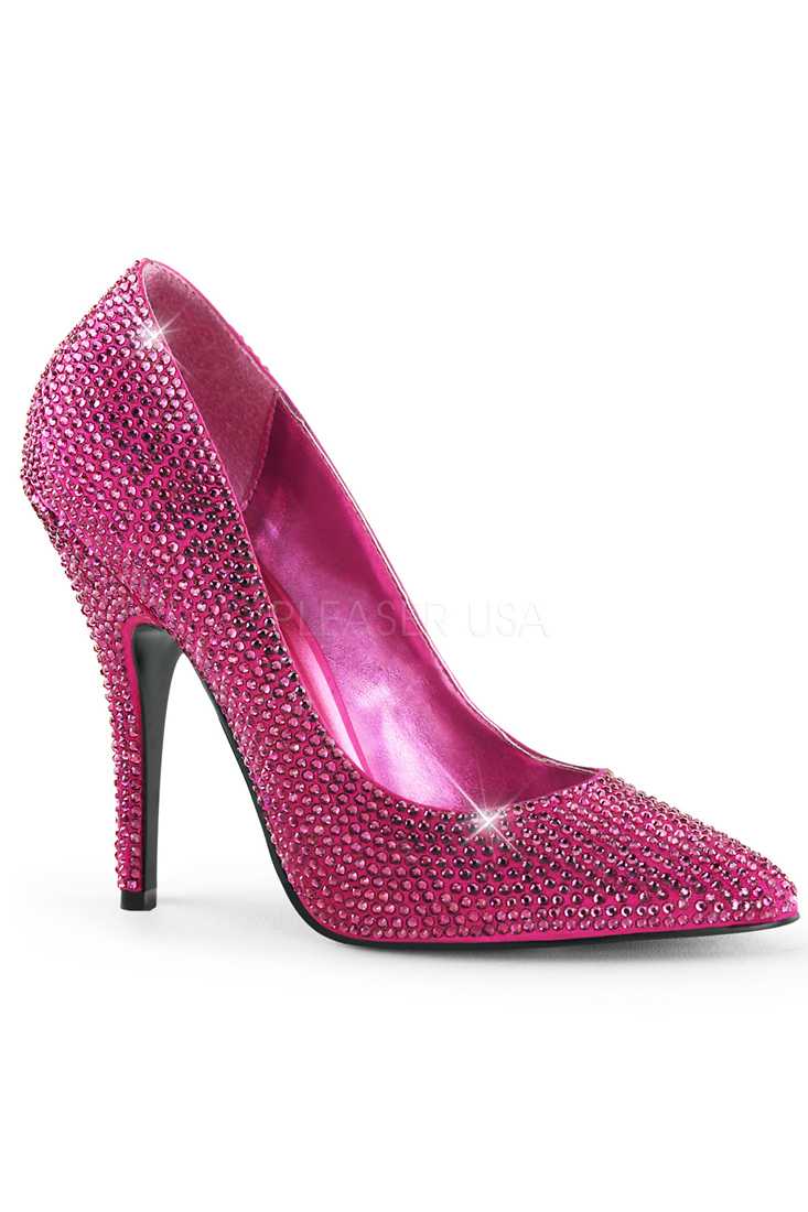 Hot Pink Rhinestone Single Sole Pump High Heels Satin