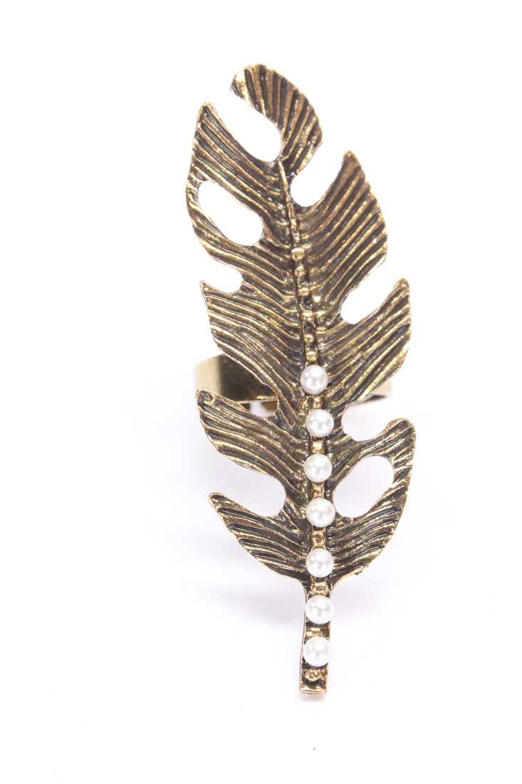 Bronze Cut Out Feather Design Faux Pearl Pattern Ring