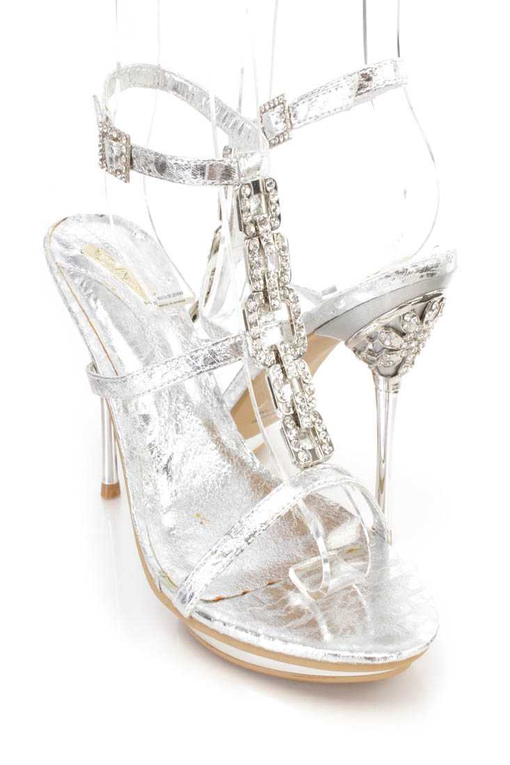 Silver Crinkle Rhinestone T Strap Platform High Heels