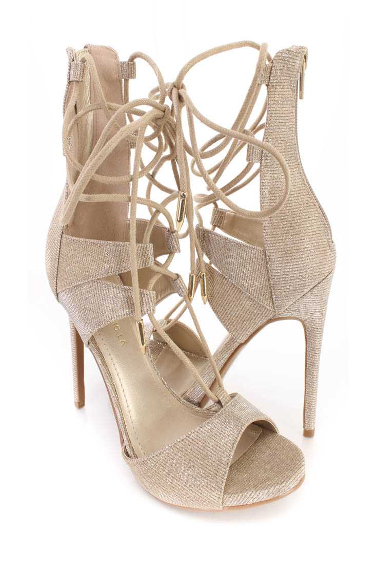 Gold Lace Up Strappy Single Sole High Heels Shimmer Fabric