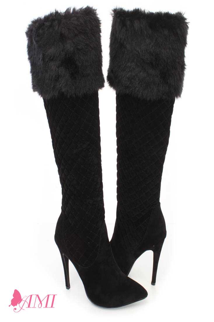 Black Faux Fur Cuffed Single Sole High Heel Boots Faux Suede