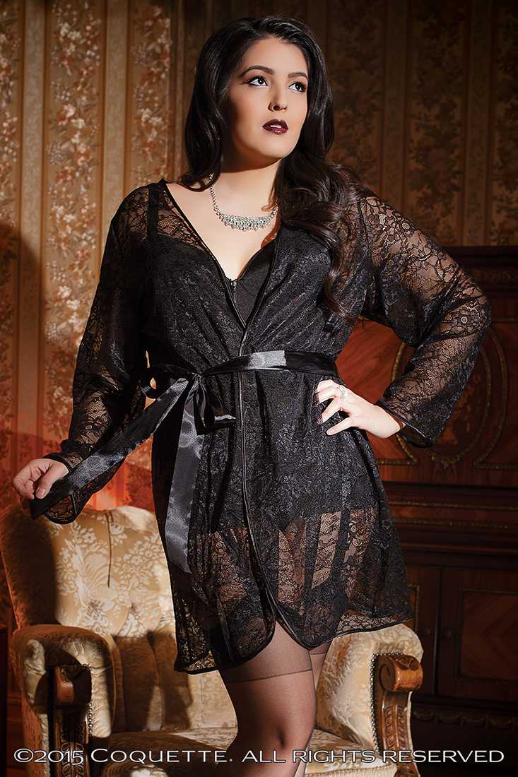 Black Long Sleeve Stretch Lace Satin Binding Robe Plus Size