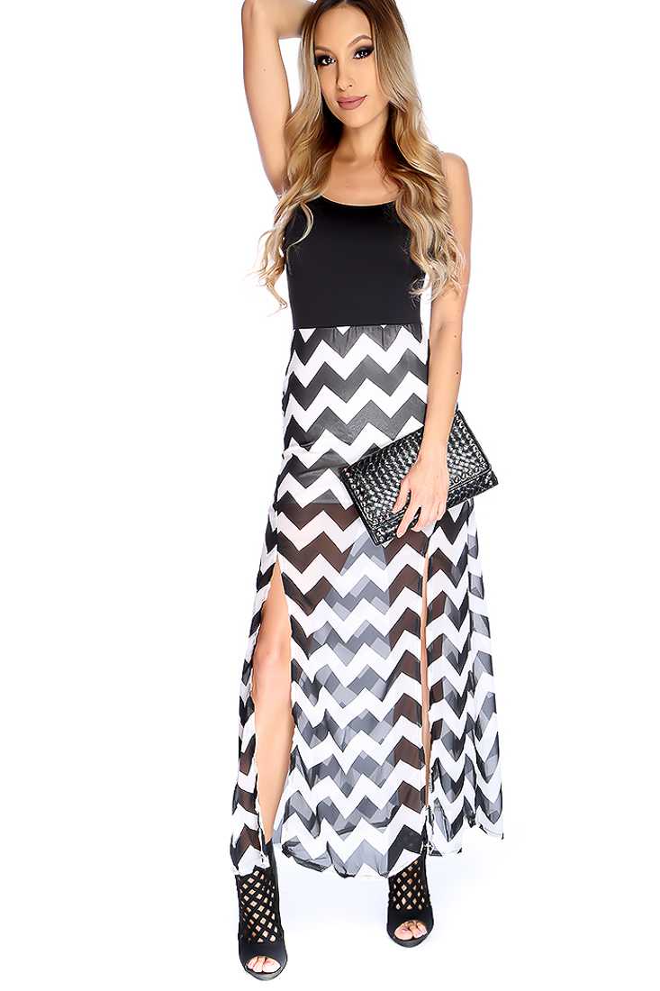 Sexy Black Sleeveless Chevron Print Side Slit Maxi Dress
