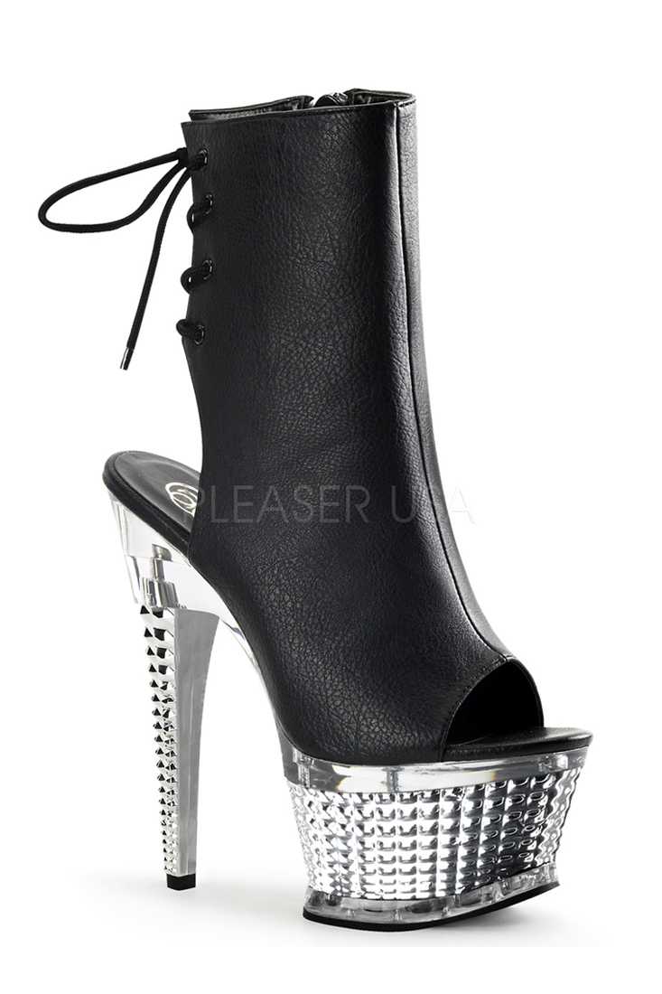 Black Silver Chrome Open Toe Textured Platform High Heels Faux Leather