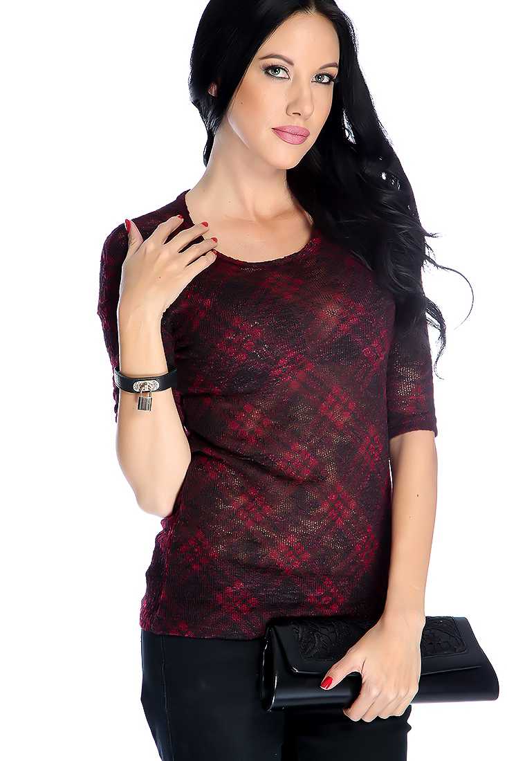 Wine Two Tone Pattern Half Sleeve Casual Top