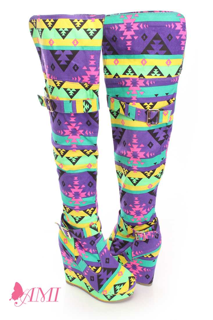 Purple Tribal Print Thigh High Wedge Boots Canvas
