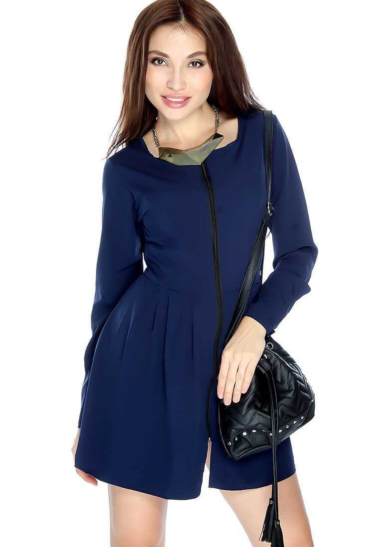 Sexy Navy Long Sleeve Zip Up Front Cocktail Dress