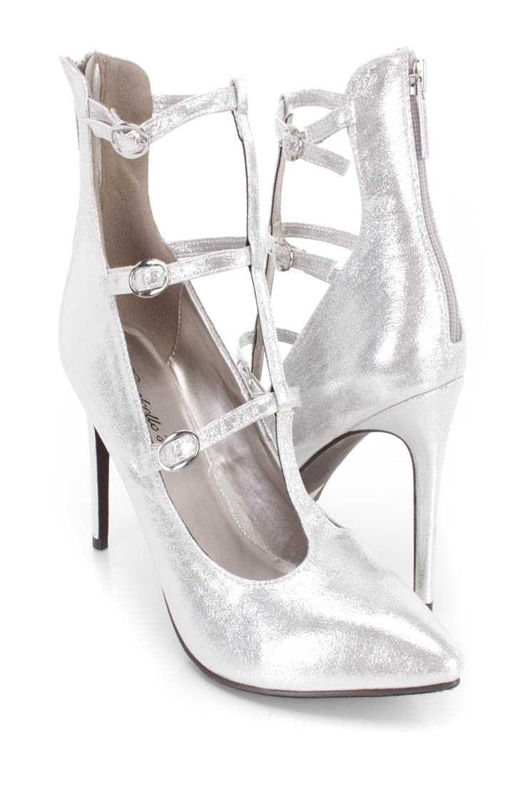 Silver Pointed Toe Strappy Single Sole Heels Faux Suede