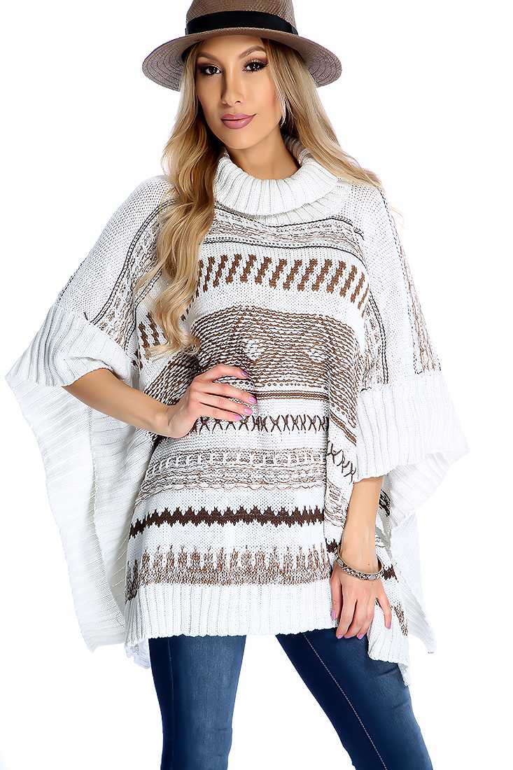 White Tribal Knit Design Turtle Neck Poncho