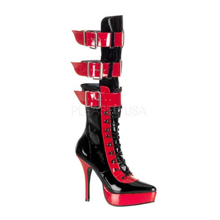 Black Red Two Tone Strappy Boots Patent