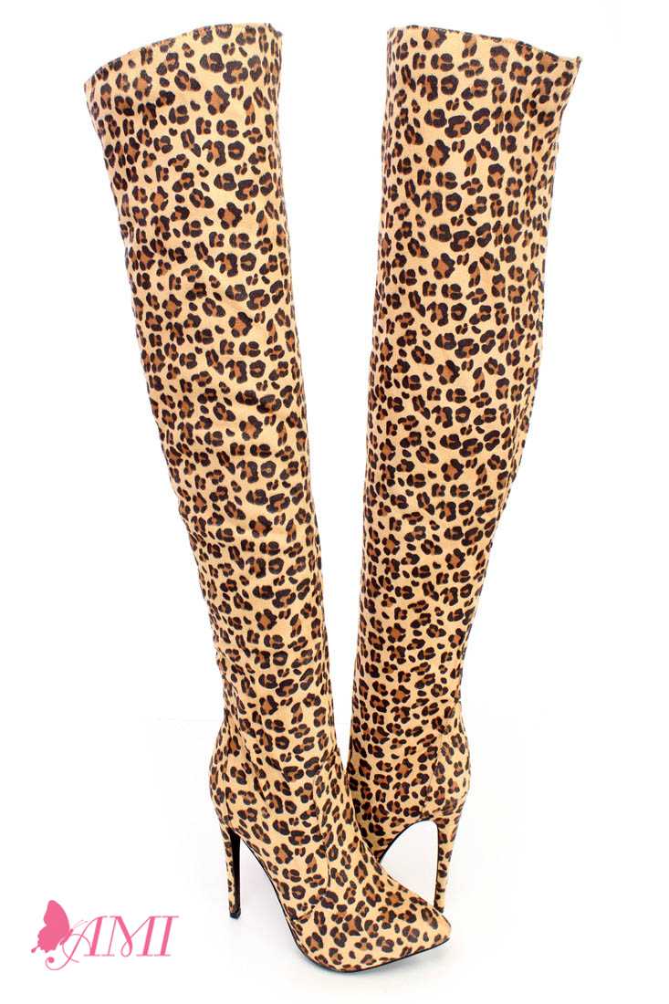 Leopard Single Sole Thigh High Heel Boots Faux Suede