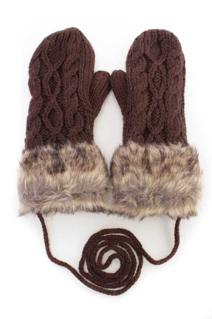 Brown Cable Knit Faux Fur Attached Mittens