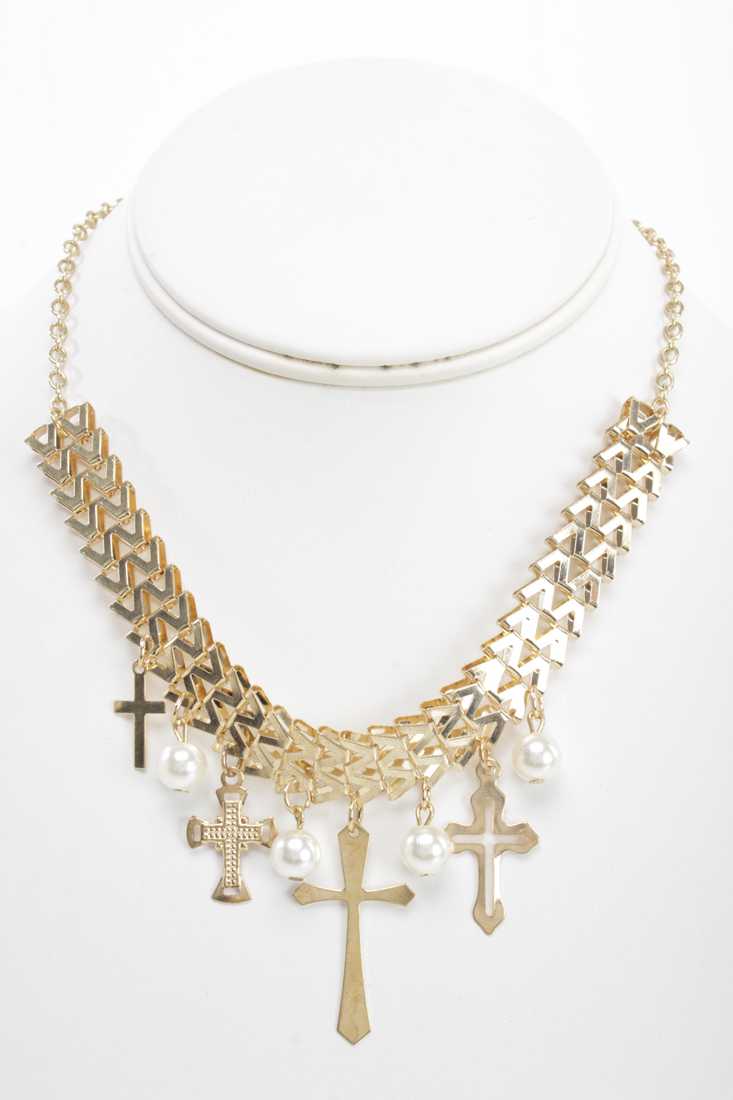 Gold Meal Mesh Beaded Cross Charm Necklace
