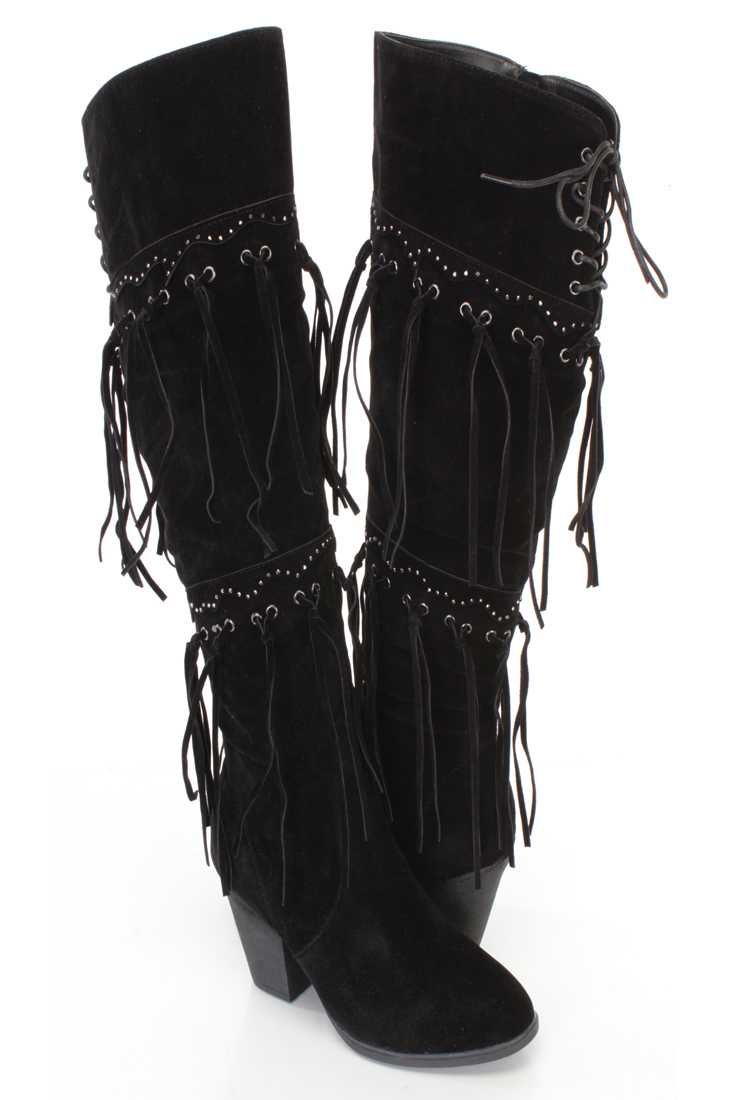 Black Fringe Studded Detail Chunky Heel Boots Faux Suede