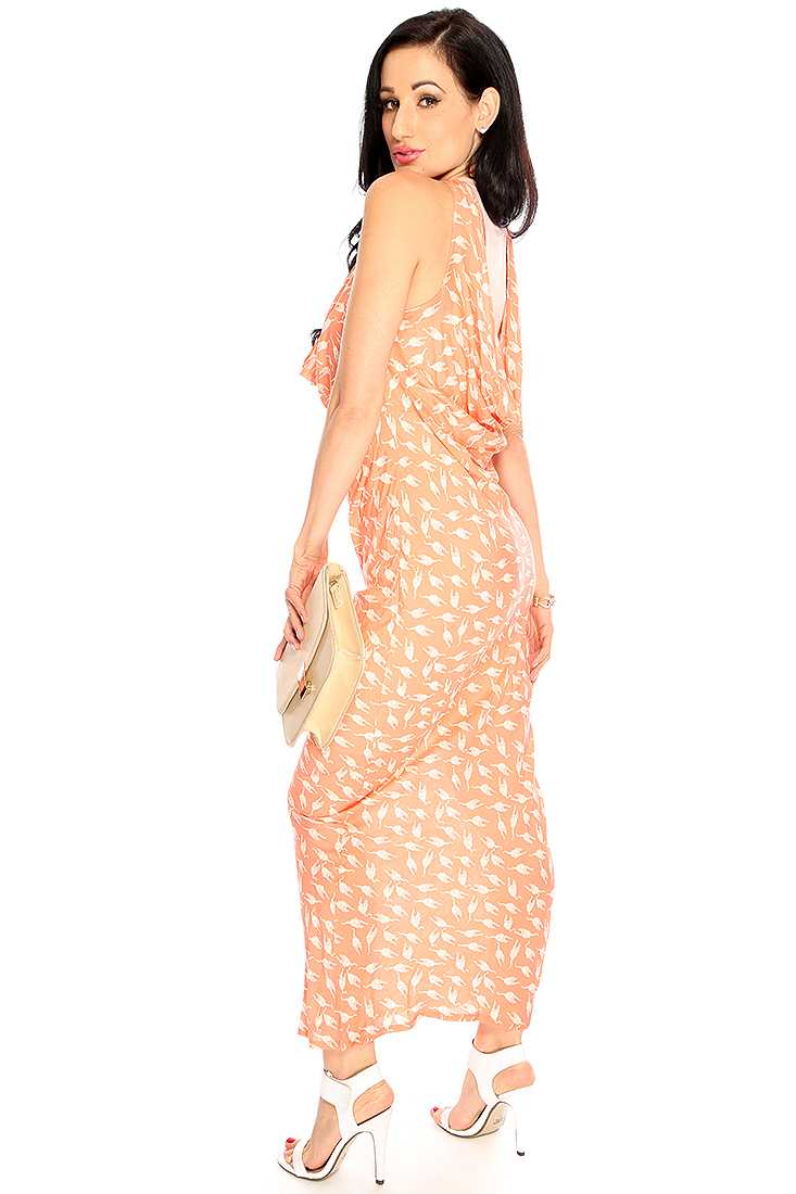 Peach Cat Print Draped Racer Back Maxi Summer Dress