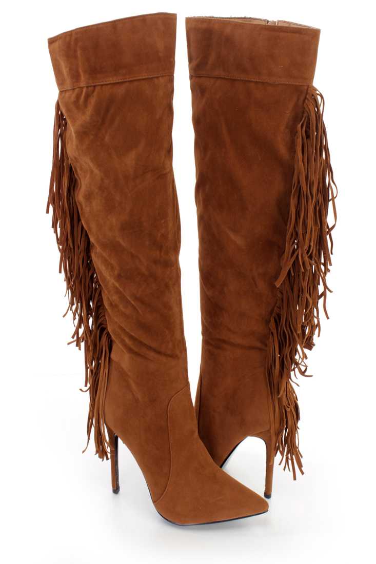 Camel Fringe Knee High Single Sole Boots Faux Suede