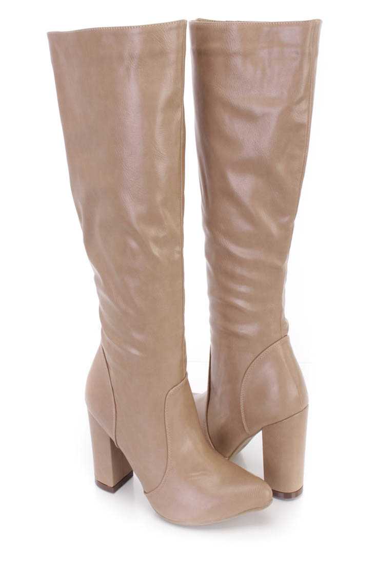 Taupe Chunky High Heel Boots Faux Leather