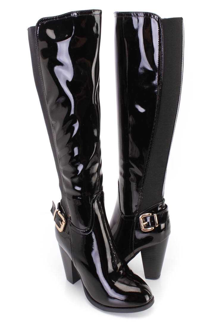 Black Knee High Chunky High Heel Boots Patent