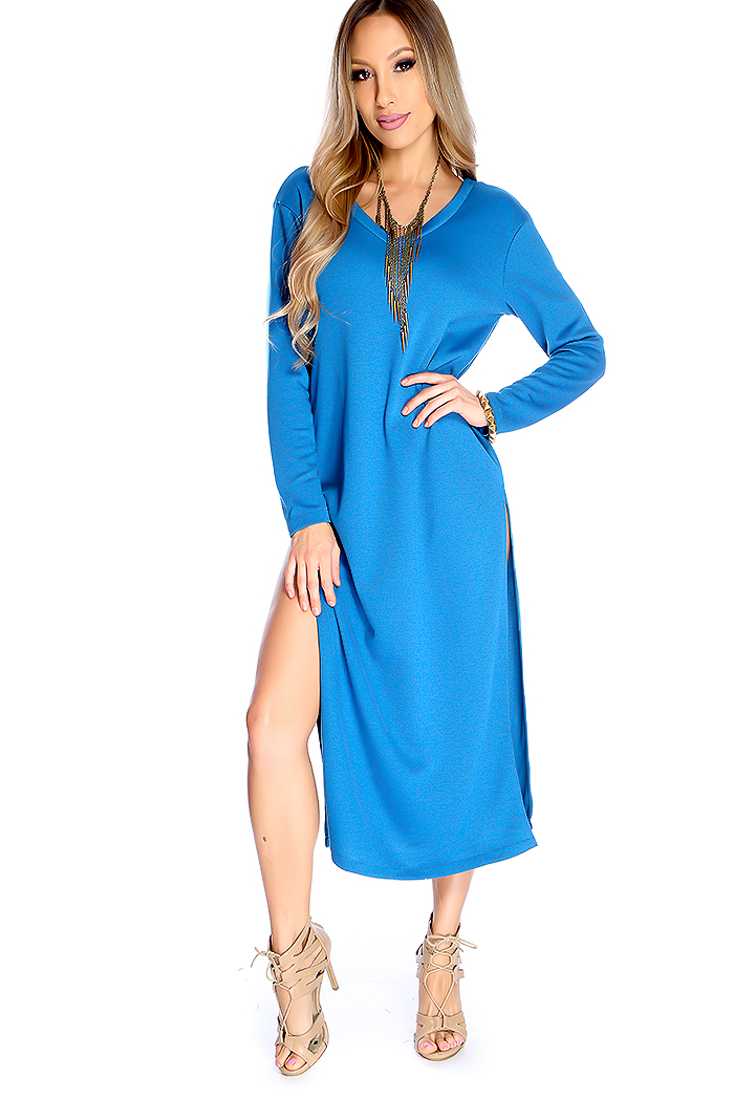 Sexy Blue Long Sleeve V Neck Side Slit Casual Dress