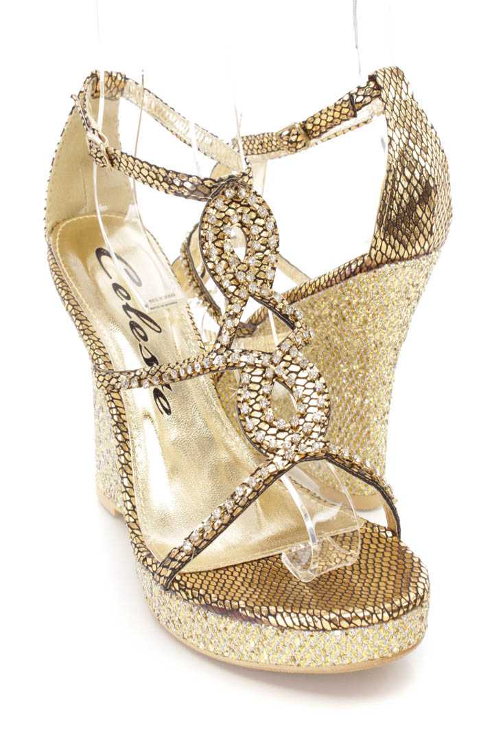 Gold Rhinestone Strappy Wedges Metallic Fabric