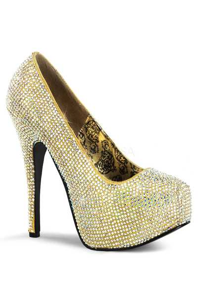 Gold Satin Rhinestone Platform Pump High Heels