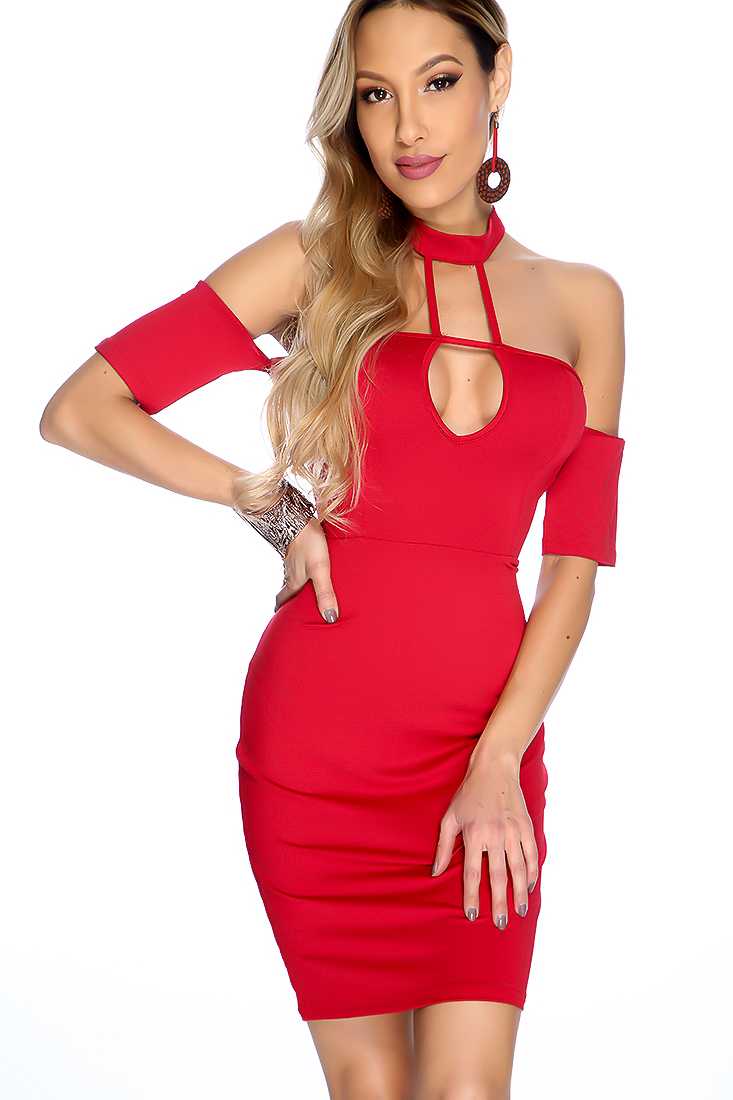 Sexy Burgundy Short Sleeve Bare Shoulder Bodycon Party Dress