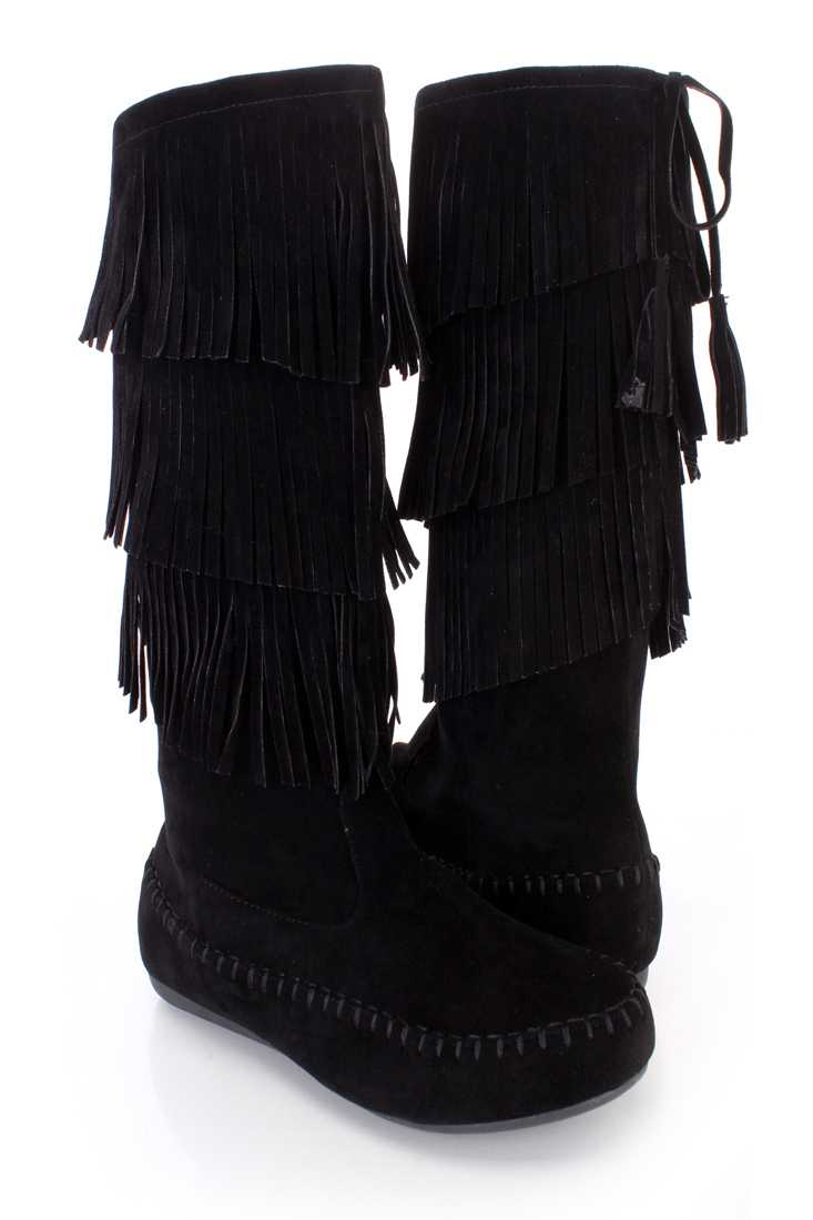 Black Fringe Tiered Moccasin Style Boots Faux Suede