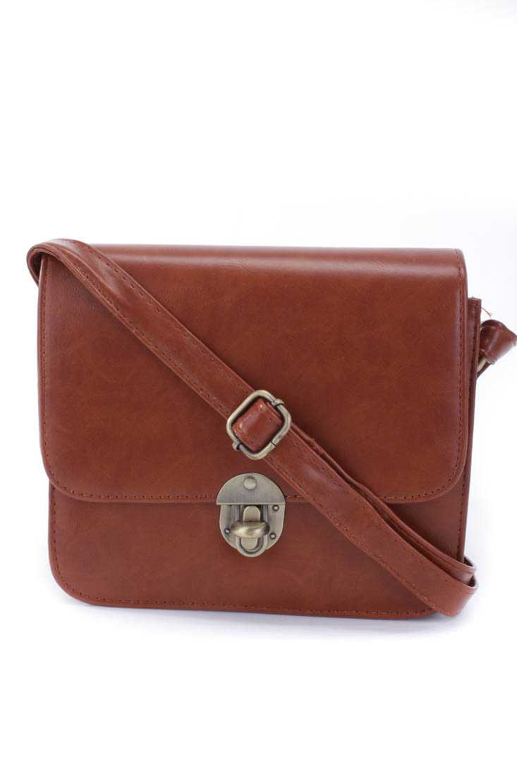 Cognac High Polish Twist Lock Shoulder Handbag