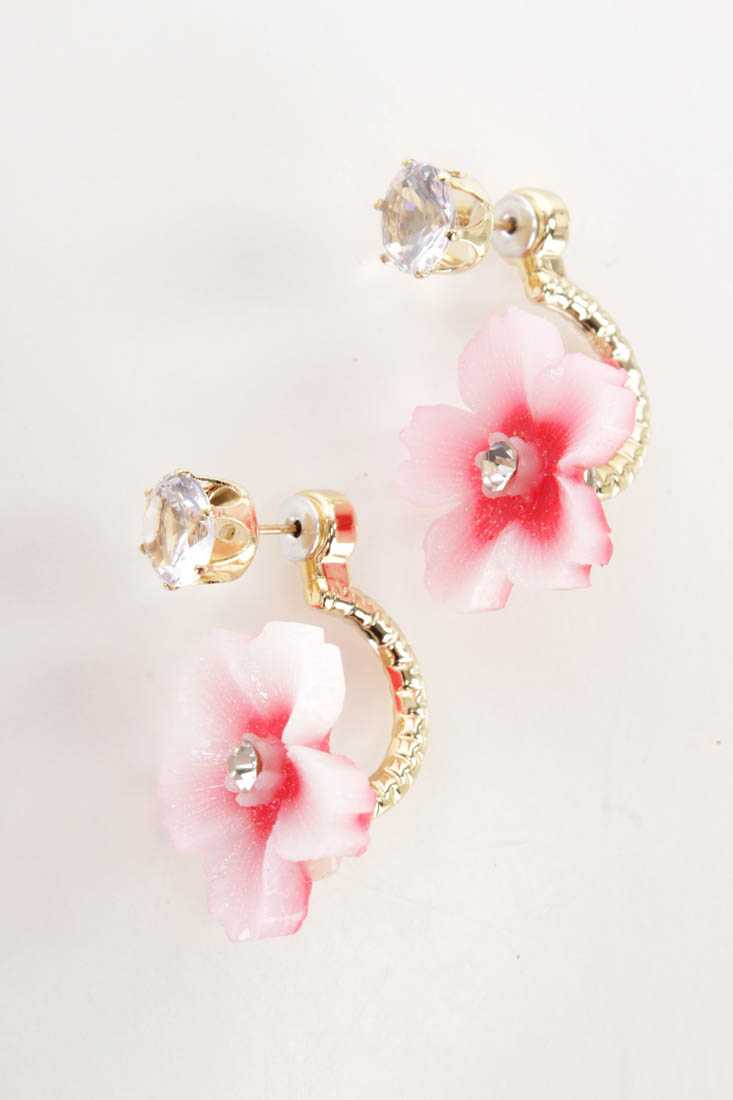 Red Gold Shimmer Flower Rhinestone Detail Earrings