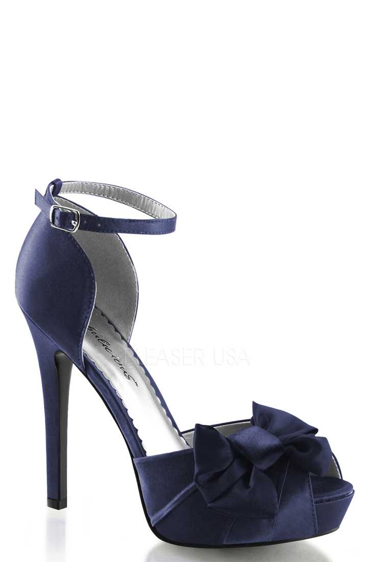 Navy Blue Bow Accent Peep Toe High Heels Satin