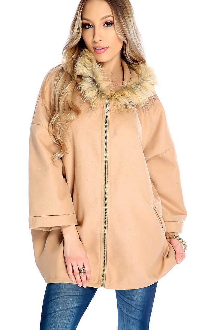 Stylish Tan Faux Fur Hoodie Zip Up Poncho
