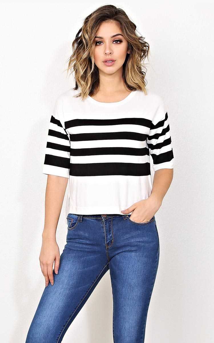 Fara Striped Knit Sweater - - White/Black in Size by Styles For Less