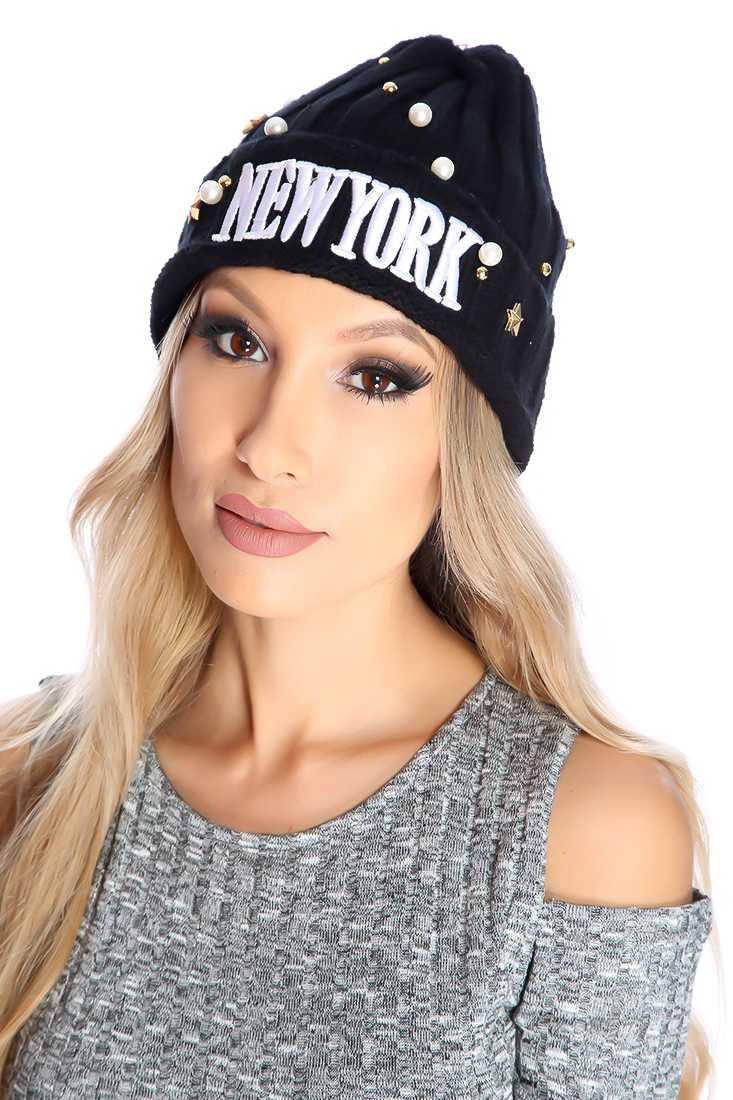Black Stitch Wording Beaded Studded Detail Knit Beanie