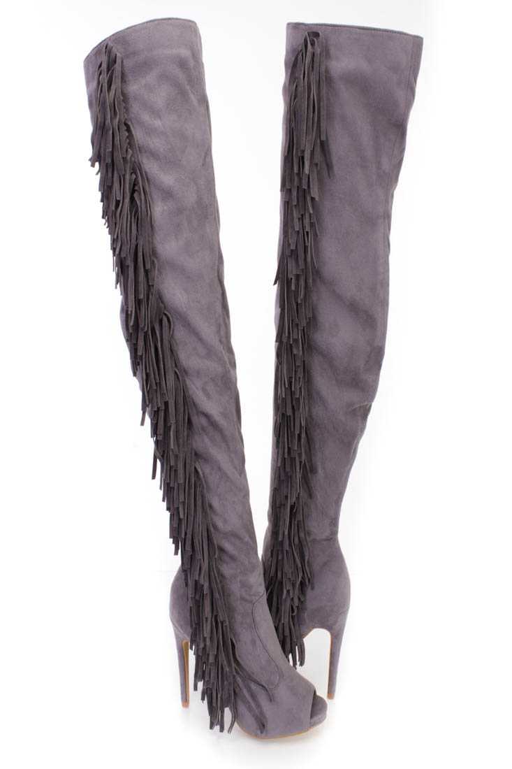 Grey Fringe Peep Toe High Heel Boots Faux Suede