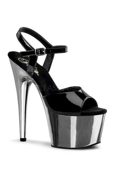 Black Silver Chrome Patent Strappy Platform High Heels