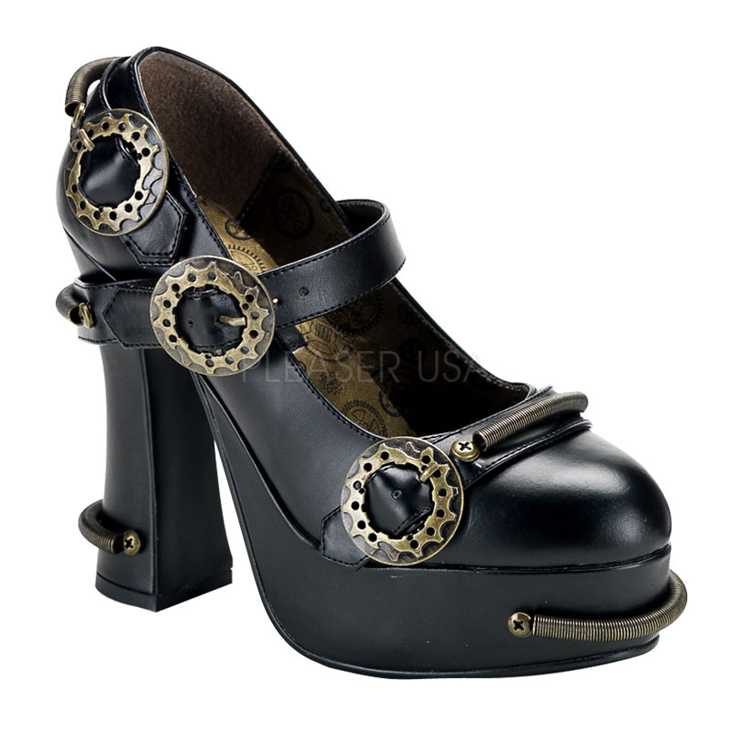 Black Faux Leather Cog Sprocket Steampunk High Heels