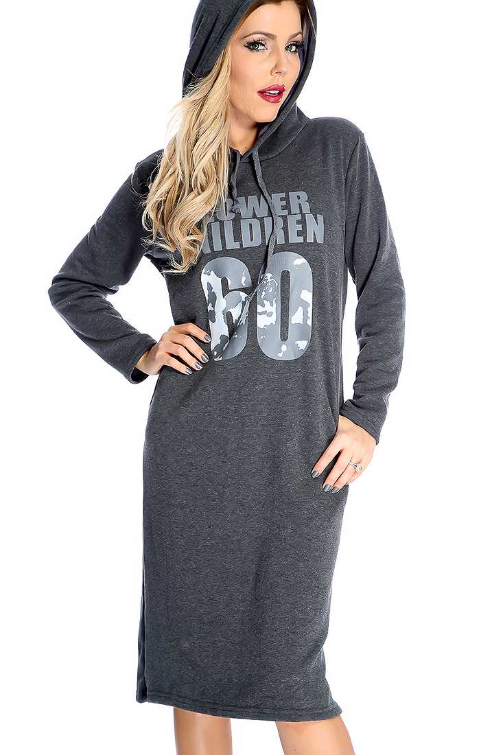 Charcoal Long Sleeve Plush Lining Graphic Print Sweater Dress