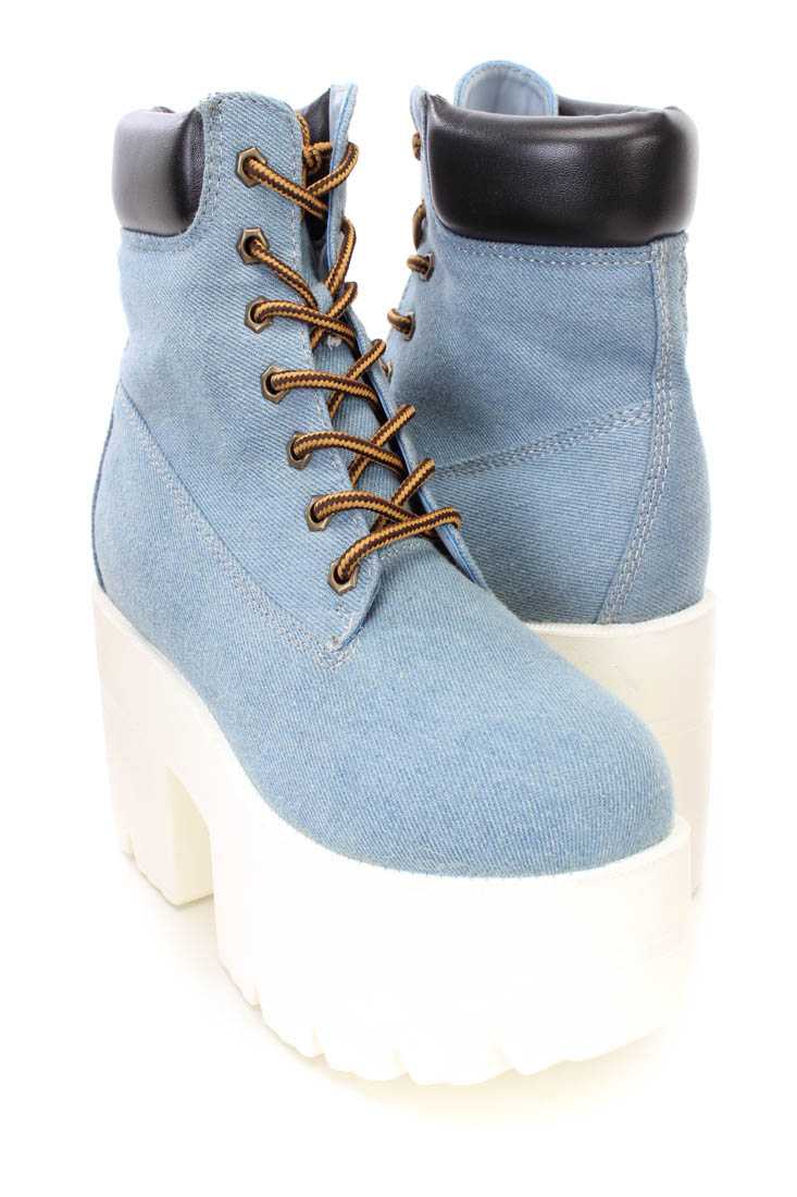 Blue Lace Up Chunky Platform Booties Denim