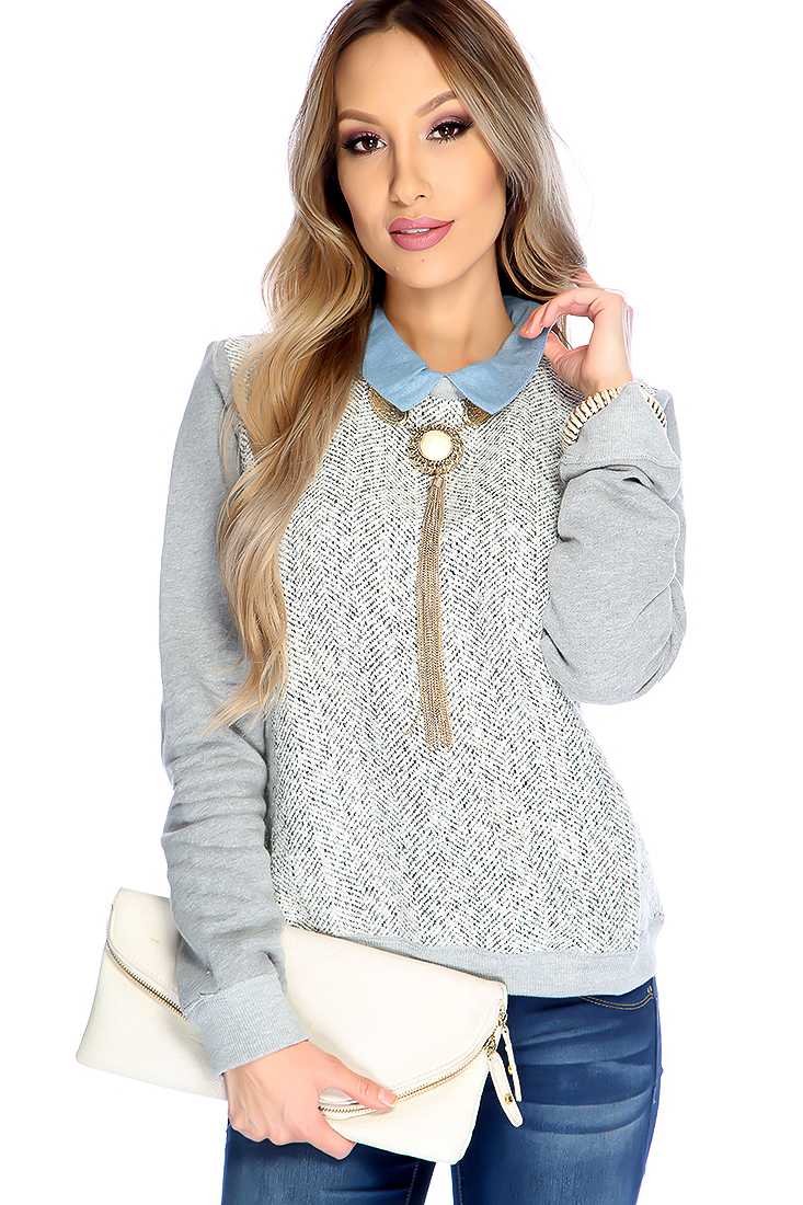 Knitted Denim Peter Pan Collar Sweater Top