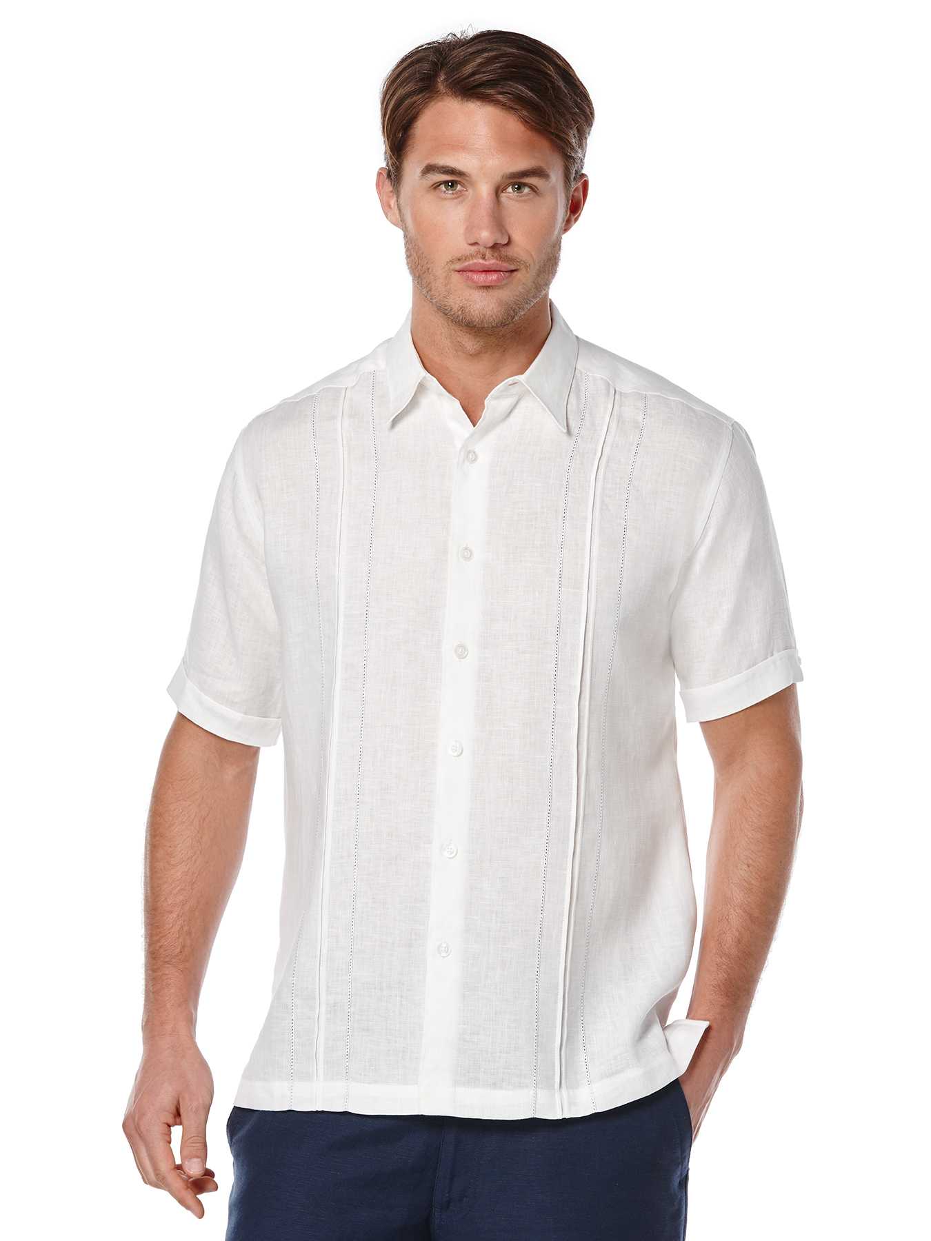 Cubavera 100% Linen Short Sleeve Box Pleat Tuck With Embroidery