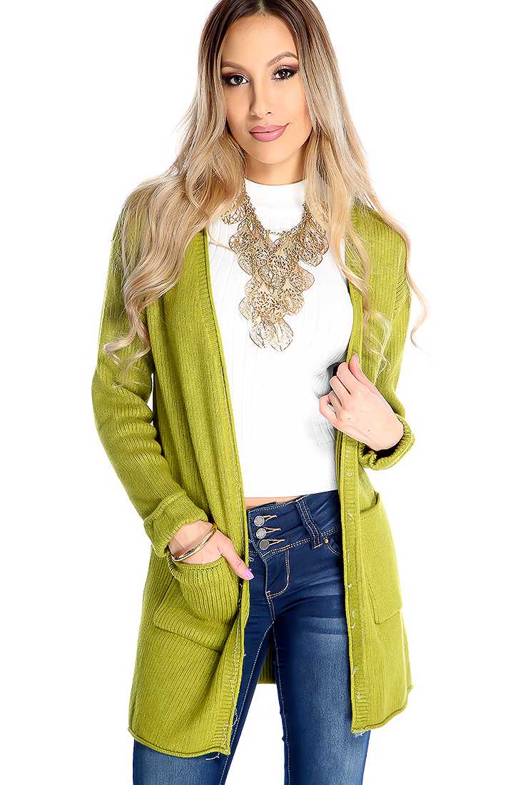 Olive Open Front Long Sleeve Knitted Cardigan